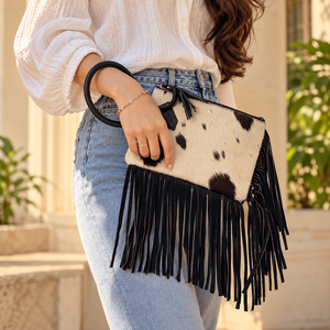 Sac à franges en cuir de vache véritable, nouveau sac à main de créateur, sac bandoulière, sac à poils de vache, sac bohème pour femme, sac multi-usages - Product Image 1