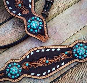 2026 High Quality <b>Leather</b> Turquoise Zebra Print Western Saddle Tack Set Hand <b>Tooled</b> Studs Conchos Breast Collar Reins for Horse - Product Image 3