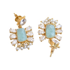 Boucles d'oreilles en laiton de qualité supérieure pour l'exportation, en gros, avec zircon et pierre naturelle, finition laiton antique, sans nickel, durables - Product Image 3