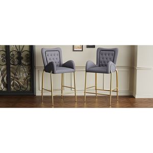 Set di 2 Sgabelli da Bar Alti 73 cm con Braccioli in Velluto, Gambe Dorate e Poggiapiedi Grigi - Product Image 3