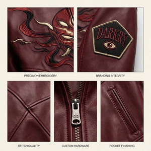 Chaqueta de cuero para hombre con bordado de máscara Oni rojo oscuro, cuello alto, estilo motero, resistente, casual, para uso urbano - Product Image 6