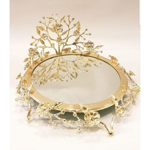 Attractive Look High Grade Golden Floral Cake Platter Round Metal Handmade Decorative Stand <b>Table</b> Centerpiece Decorative Stand - Product Image 1