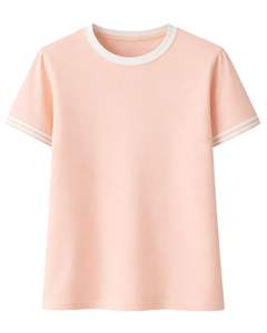 เสื้อยืดคอกลมผู้หญิงสีพีชแบบสั่งทำจากโรงงาน พร้อมปกเสื้อสีขาวตัดกันและแถบแถบคู่ที่แขนเสื้อ  ผ้าฝ้ายลำลองสำหรับฤดูร้อน - Product Image 1