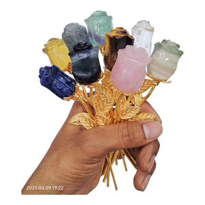 Bouquet de fleurs en quartz rose en forme de tulipe avec feuilles dorées, pour décoration de table et cadeau, exportateur indien, disponible dans le monde entier. - Product Image 2