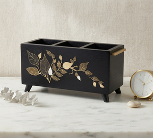 Custom Color Wood <b>Caddy</b> Black Colored Leaf Handpainted Multi-Purpose Natural Finished Handcrafted Kitchen <b>Wooden</b> <b>Caddy</b> - Product Image 1
