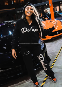 Womens Casual Winter Solid Distressed Embroidery Cropped Hoodie Jogger Set Customised Rhinestone Vintage Streetwear Eco-Friendly - Product Image 4
