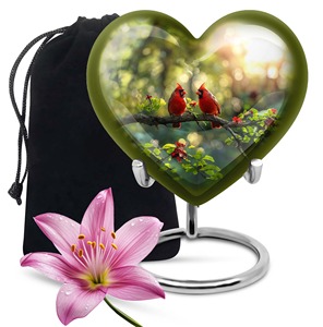 Urne funéraire décorative en forme de cœur d'oiseau cardinal rouge avec motif de fleurs de cerisier, urne commémorative pour cendres avec support métallique personnalisé - Product Image 5