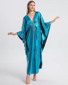 V Neck Blue Abaya <b>Dress</b> Long Sleeve <b>Loose</b> Fit Asymmetrical Hem Midi Length Polyester Women's Daily Wear Modest Style - Product Image 2