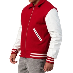 Chaqueta Varsity Unisex con Cierre, Cuello Redondo, Cuerpo de Lana, Mangas de Cuero, Estilo Mecánico Minimalista, Bordado Vintage, Ropa de Trabajo - Product Image 3