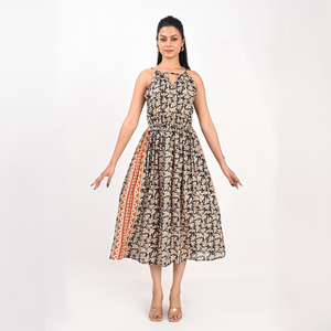 Robe midi à imprimé floral, col halter, coupe trapèze, sans manches, en coton, décontractée, pour l'été, avec taille naturelle, plissée et évasée - Product Image 1