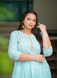 Women's <b>Plus</b> <b>Size</b> Cotton Anarkali Kurta Blue Floral Printed Embroidered Round Neck Three Quarter Sleeves Comfortable Wear - Product Image 1