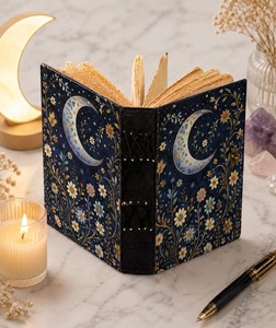 Diario de hechizos celestiales personalizado Book Shadows, con cubierta de cuero genuino, diseño floral lunar, diario con cerradura y páginas vintage. - Product Image 3