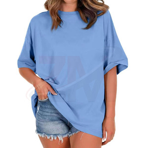 T-shirt ample uni bleu à col rond et manches courtes pour femme, en jersey de coton, coupe décontractée, idéal printemps-été – Grande Vente - Product Image 4