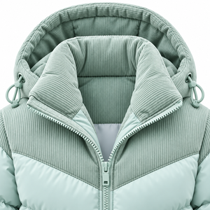 Blouson matelassé moto pour homme en velours côtelé vert menthe, respirant et écologique, avec col montant et fermeture éclair, idéal pour l'hiver et le quotidien, 100% coton. - Product Image 3