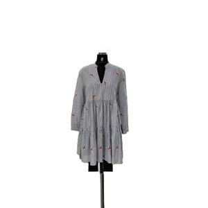 100% Cotton Striped <b>Smock</b> <b>Dress</b> V Neck Embroidered Casual Tunic Long Sleeves Mandarin Collar Summer Print Natural Belt Women - Product Image 1