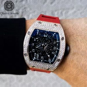 Charm Jewells Luxury Men's Stainless Steel Watch 40mm Case Diamond Encrusted <b>Red</b> Rubber Band Mechanical Movement 10 Bar Water - Product Image 3