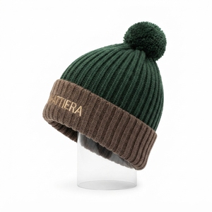Custom <b>Green</b> Brown Pom Pom Cuffed Knit <b>Beanie</b> Hat Winter Warm Skull Cap With Logo - Product Image 5