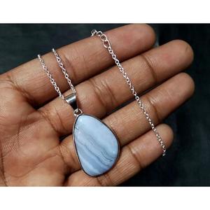 Colgante de Ágata Azul Natural con Engaste de Plata de Ley 925, Hecho a Mano, con Biseles, Amuleto de Ágata Banda, Joyería al por Mayor - Product Image 5