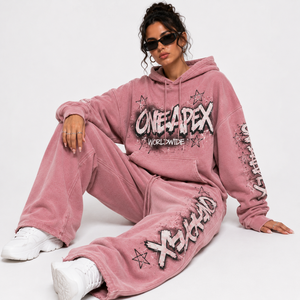 ONE APEX Womens <b>Pink</b> Acid Wash Oversized Hoodie <b>Tracksuit</b> Wide Leg Sweat Set Graphic Streetwear Lounge Wear Outfit - Product Image 5