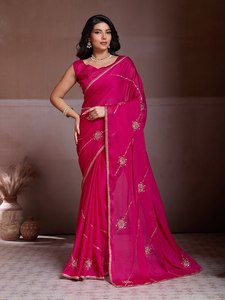 Collection de saris d'hiver élégants en soie et mousseline, ornés de pierres, avec blouse de designer à broderies Butta, tenue de soirée indienne moderne - Product Image 6