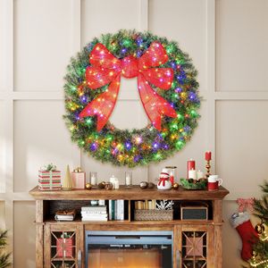 Guirlande de Noël pré-éclairée de 48 pouces avec nœud rouge 3D, 11 modes d'éclairage, télécommandée, pour porte d'entrée, guirlandes et couronnes de Noël - Product Image 2