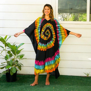 Tye-Dye 100% Cotton Long Beach <b>Kaftan</b> Bohemian Eco-Friendly Dress V-neck Breathable Asymmetrical Knee-Length Long Sleeve - Product Image 3