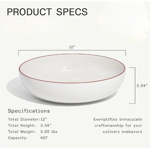 Bol de service en céramique rond blanc avec bord rouge, design minimaliste, passe au lave-vaisselle, vaisselle de cuisine - Product Image 3