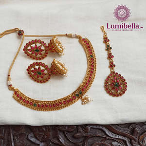 Rose Gold Plated Kemp Necklace Set with Jhumka Earrings and Maang Tikka - Product Image 1