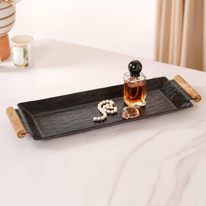 Metal <b>Black</b> Textured Serving Tray Features Wooden Handles On Both Ends Creating A Stunning Accent Piece For Home Decoration - Product Image 6