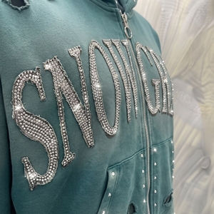 Snowgrace Hooded Zip-Up Sweatshirt <b>Rhinestone</b> Logo Oversized Fit Unisex Winter Style Knitted <b>Fabric</b> Green Color - Product Image 6