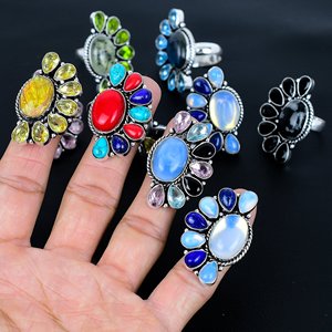 Wholesale Assorted Gemstone Flower Ring, Fashion Jewelry, Handmade Rings, Silver Ring - Product Image 1