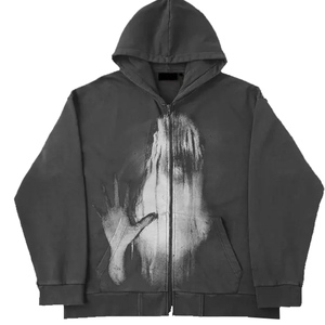 Sweat-shirt à capuche zippé noir pour homme avec imprimé main fantôme, style streetwear décontracté, coupe régulière, 100 % coton French Terry - Product Image 1