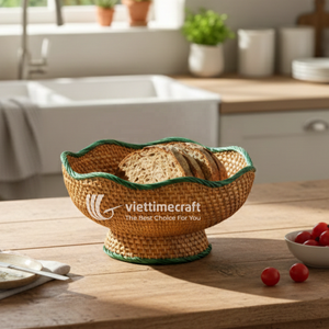 Green Bohemian Handmade Scalloped Rattan Pedestal Bowl Eco-friendly Tiered Centerpiece <b>for</b> Home Dining <b>Table</b> and Party Decor - Product Image 5