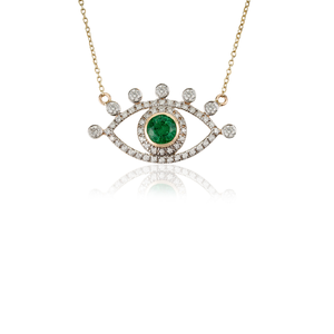Unique Latest Design Round Cut <b>Emerald</b> & Diamond Evil Eye <b>Pendant</b> Necklace Pure 14K Yellow Gold Customized Gemstone Jewelry - Product Image 3