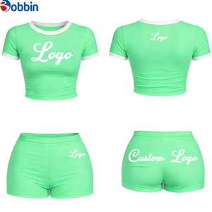 Women's Shorts Sets Summer Outfits Custom Logo Shorts Set Summer Women Clothes Women's Basic Short Sleeve Crew Ribbed 2-Pcs Set - Product Image 5