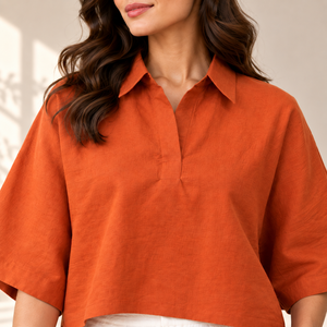 Chemisier court en lin pur pour femme, manches courtes, coupe décontractée, haut d'été décontracté, fabricant de vêtements en gros - Product Image 3