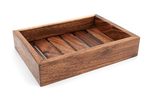 Plateau de service à lattes en bois d'acacia 22 cm, sûr pour les aliments, design Japandi naturel, Indonésie, multifonctionnel, léger, pour table à manger - Product Image 3