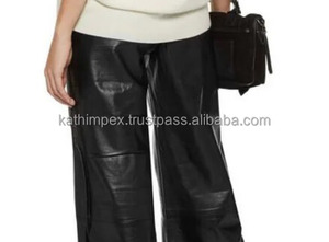 กางเกงขาบานหนังสีดำมีกระดุมปิดเอวสูงกางเกงทรงหลวมสำหรับสตรีทแวร์และสไตล์ลำลองประจำวัน - Product Image 5