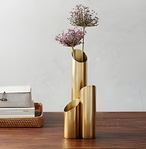 Modern Dual Tube Metal Flower Vase Set Gold Finish Minimalist Tabletop Decor <b>Tall</b> and Short Cylinder Vase Elegant wedding <b>table</b> - Product Image 2