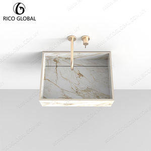 Lavabo rectangulaire mural en marbre avec robinet à bouton plaqué or, design minimaliste, facile à nettoyer, finition polie - Product Image 2