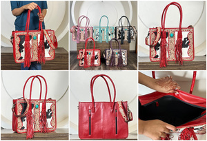 New Western Style <b>Tooled</b> <b>Leather</b> Cowhide Tote Bag Handmade Turquoise Stone Crossbody Fringe Handbag for Women Vintage Purse - Product Image 3