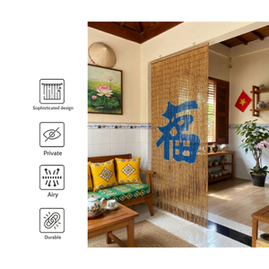 Traditional Vertical Bamboo Beaded Curtain Blue Fu Character Bohemian Style Blackout Sliding Window Use Eco-Friendly Durable - Product Image 2