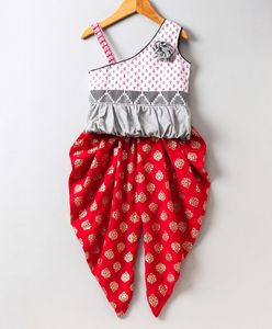 Ensemble de vêtements pour filles, haut imprimé à une épaule avec pantalon dhoti, tenue ethnique festive traditionnelle pour enfants, ensemble de vêtements élégants - Product Image 1