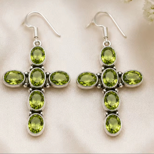 Natural Peridot Gemstone Cross <b>Earrings</b> 925 <b>Sterling</b> <b>Silver</b> Handmade <b>Dangle</b> <b>Earrings</b> Women Green Crystal Jewelry Gift - Product Image 1
