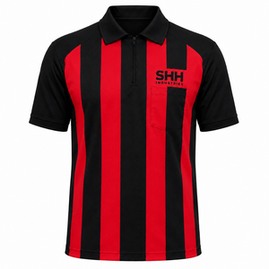 Men Red Black Striped Referee <b>Shirt</b> Half <b>Zip</b> Polo Collar Chest Pocket Short Sleeve Professional Football Officials Game Jersey - Product Image 1