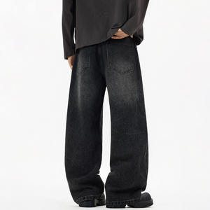 Pantalon en jean délavé à jambe large pour homme, taille mi-haute, coupe ample, style décontracté, en coton noir, idéal pour l'automne - Product Image 6