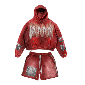 Conjunto de Sudadera Corta con Capucha y Pantalones Cortos con Cordón para Hombre, Estilo Vintage, Lavado Ácido, Personalizado por Fabricantes de Ropa - Product Image 2