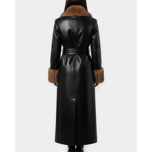 Elegant <b>Black</b> Real Leather Breathable Windproof Unisex Trench <b>Coat</b> <b>Fur</b> Trim <b>Collar</b> Cuffs Long Length Winter Outerwear Polyester - Product Image 2