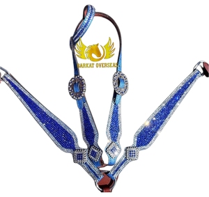 Harnais de selle western personnalisable en cuir véritable souple et naturel, orné de strass bleus, durable - Product Image 4