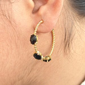 Chunky gold plated earring oval cut black onyx prong set jewelry brass hoops <b>light</b> weight statement jewelry hoop pairs for women - Product Image 2